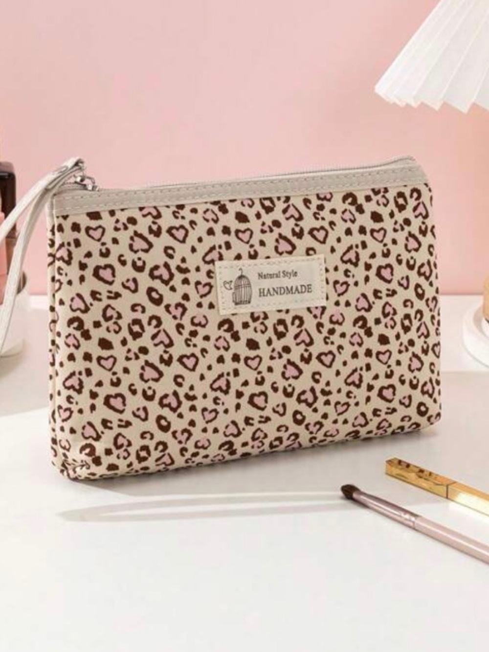 Handmade Leopard Print Wristlet Pouch Cream and Pink Makeup Coquette Girl Gift